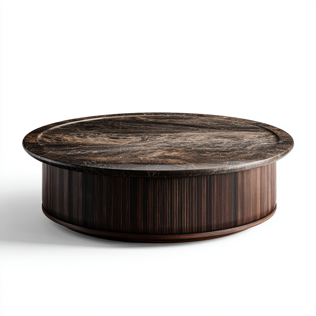 Table basse ronde en marbre brun avec base en bois nervuré