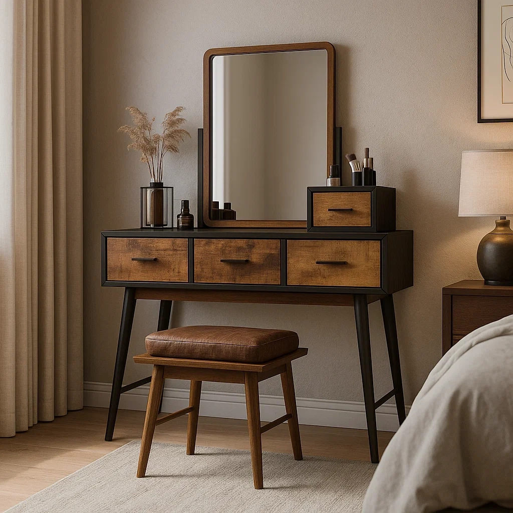 Bureau coiffeuse en bois avec miroir et tabouret rembourré