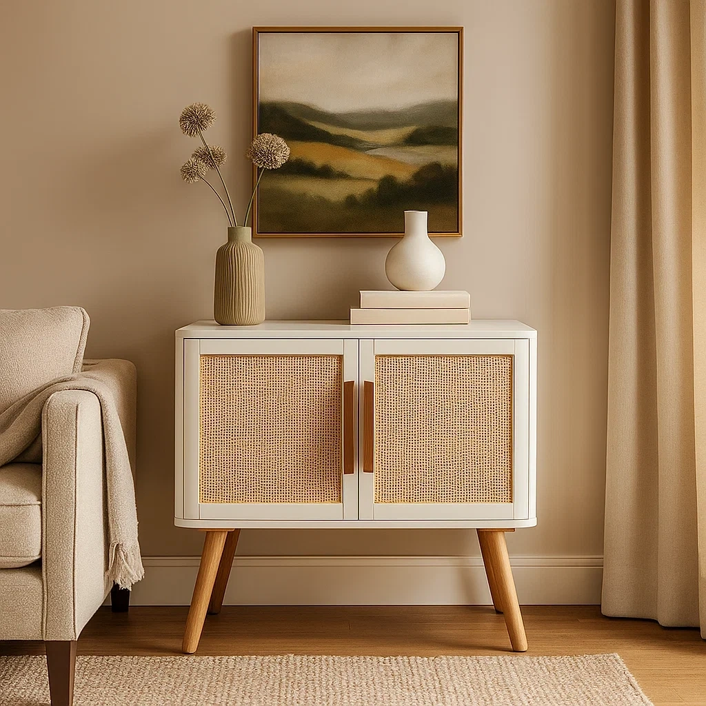 Buffet moderne en bois avec deux portes en rotin
