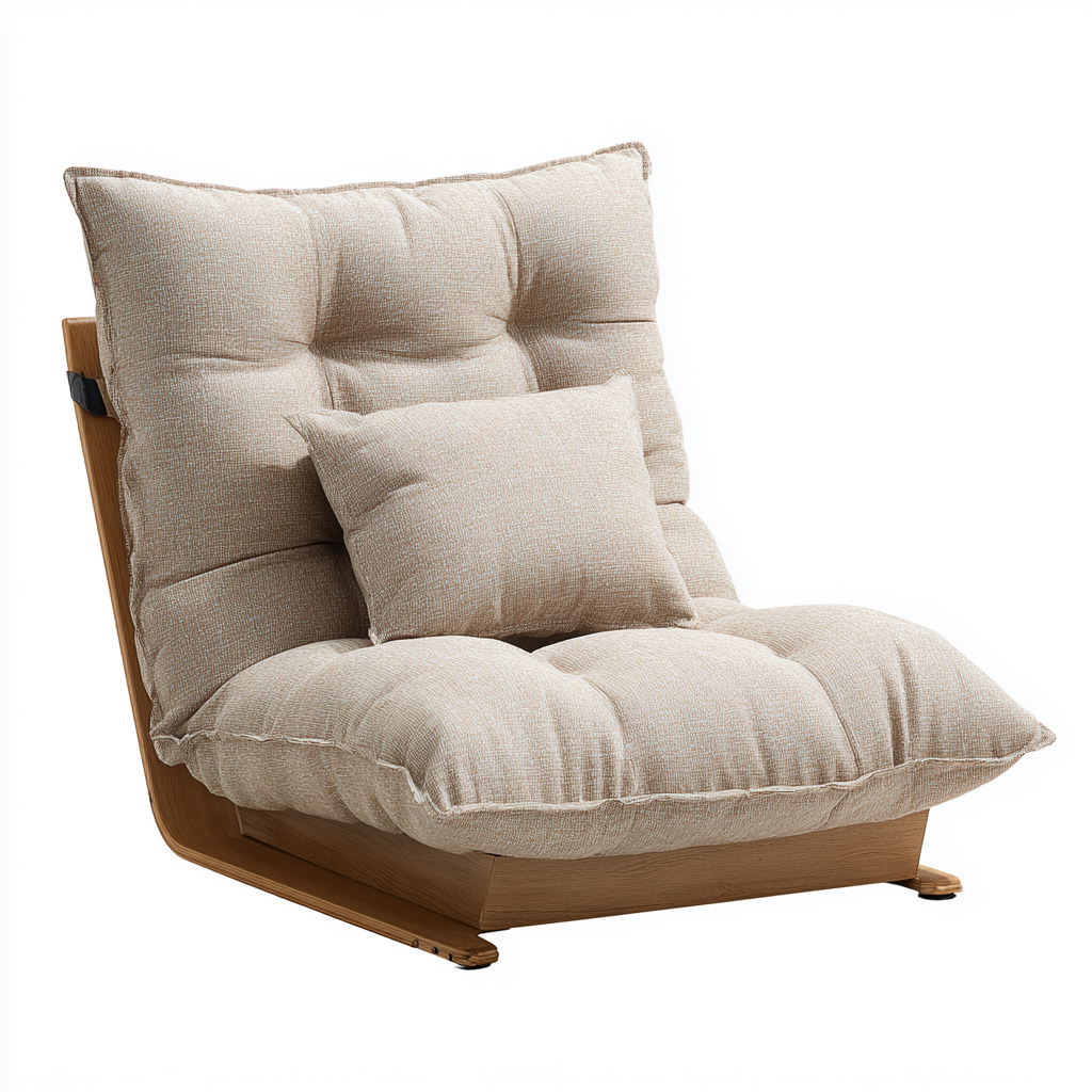 Chaise longue basse en tissu beige avec coussin rembourré