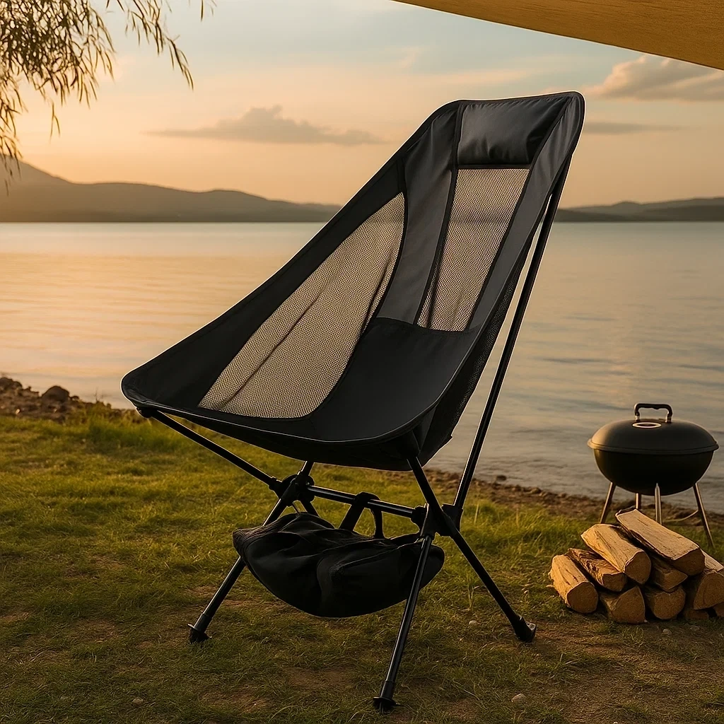 Chaise longue pliante de camping en tissu noir respirant avec sac de rangement