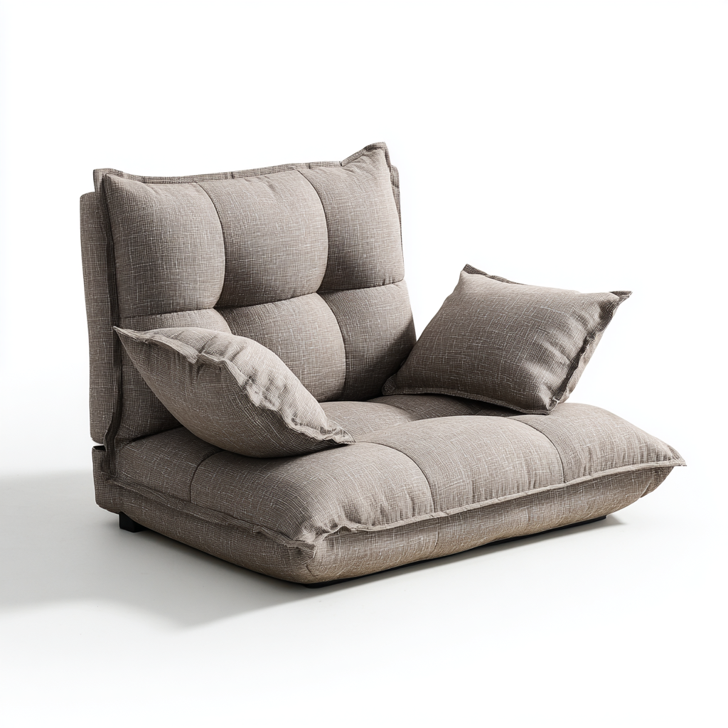 Chaise longue basse en tissu gris-brun avec coussins moelleux