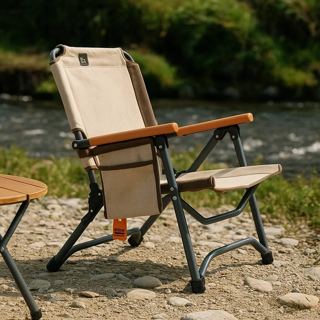 Chaise longue pliante de camping en tissu beige avec accoudoirs en bois