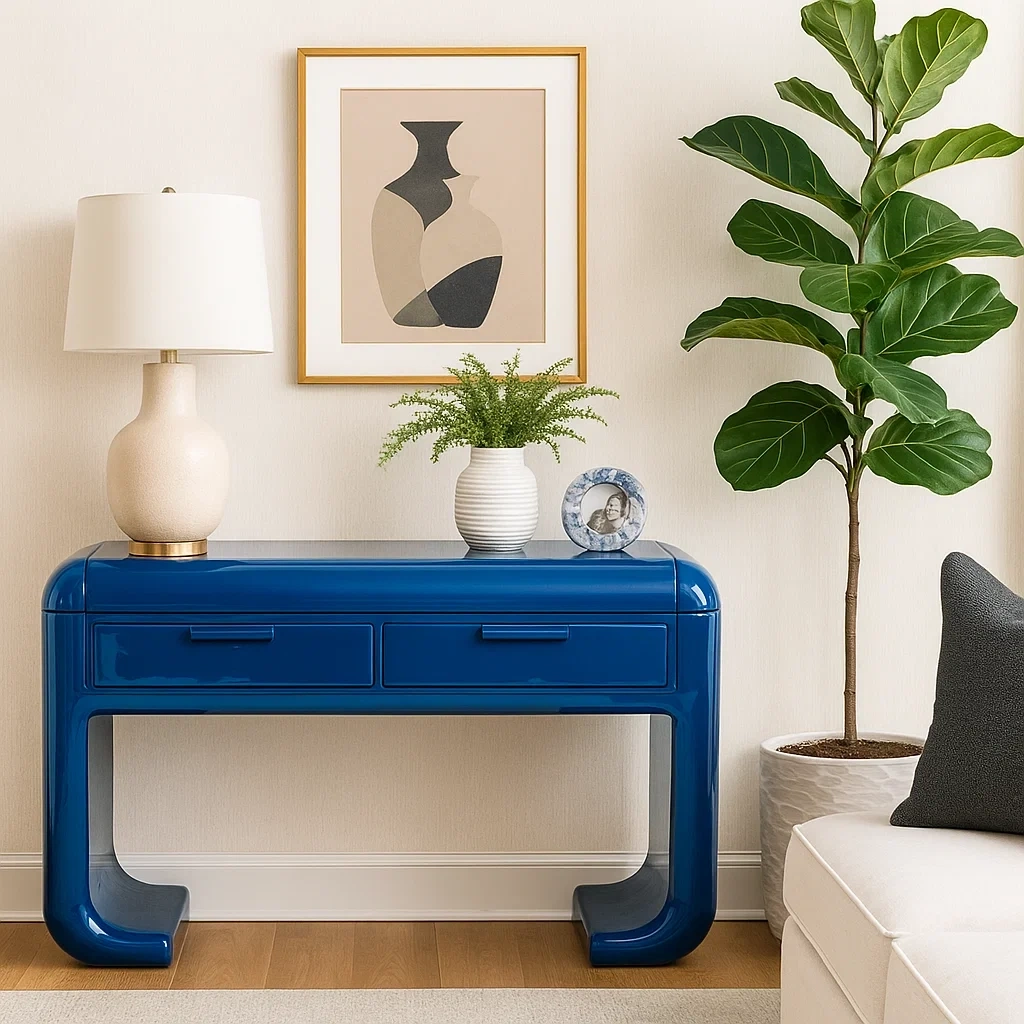 Console bleue moderne avec deux tiroirs