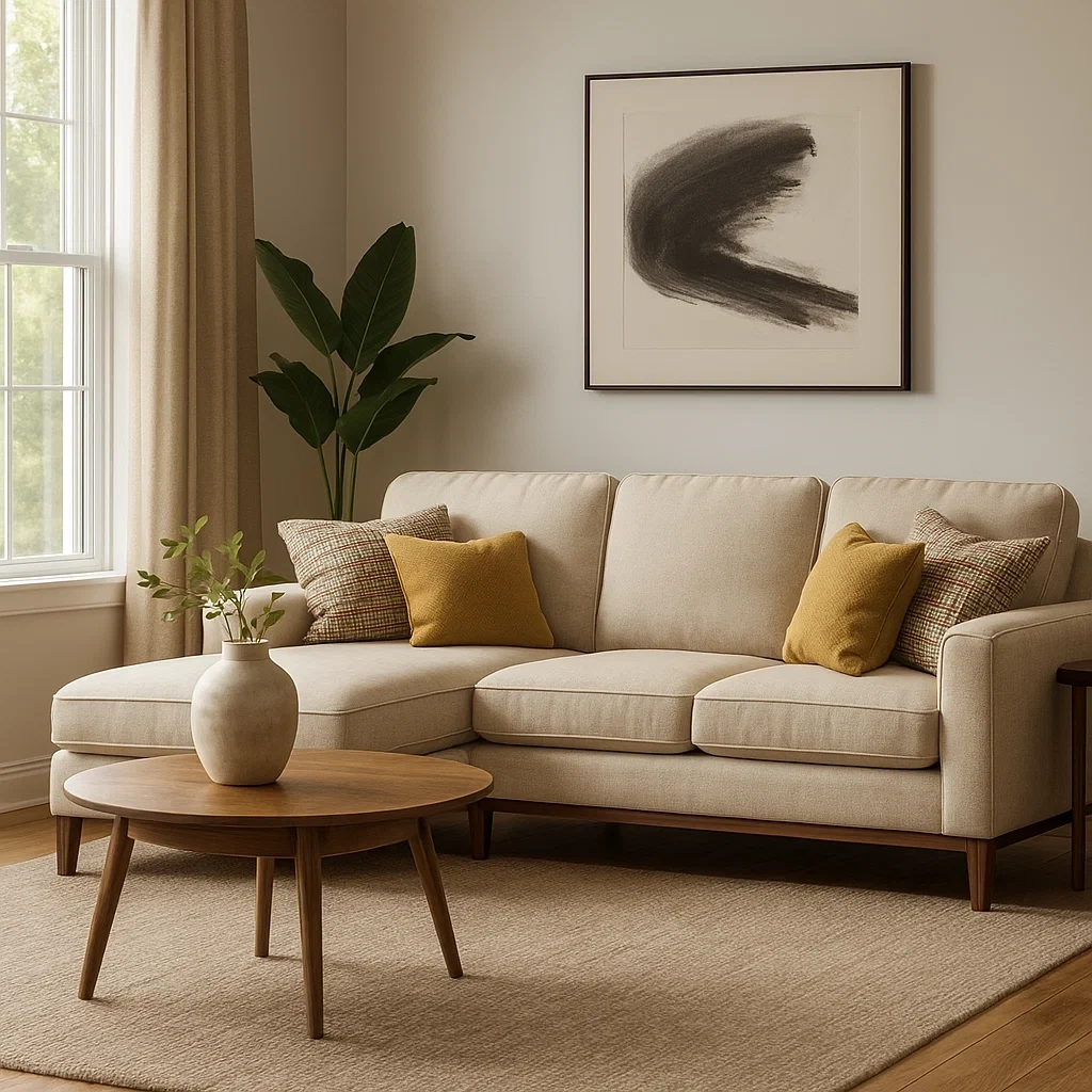 Canapé moderne beige avec méridienne et coussins