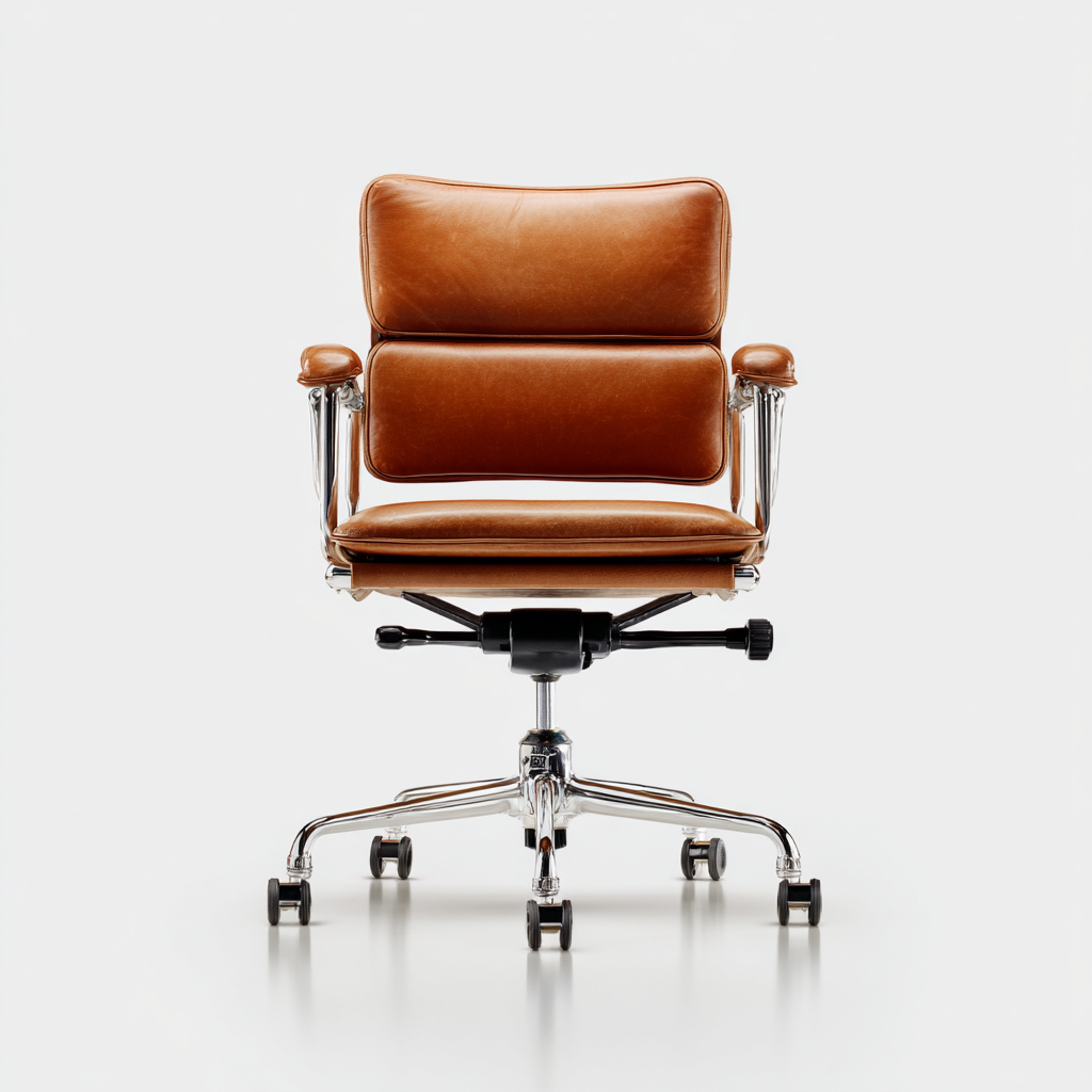 Chaise de bureau en cuir marron avec structure métallique chromée