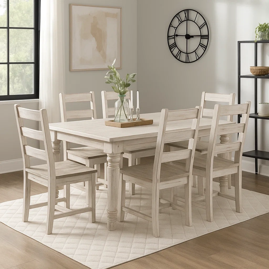 Ensemble de salle à manger rustique 7 pièces en bois blanchi avec table rectangulaire et 6 chaises