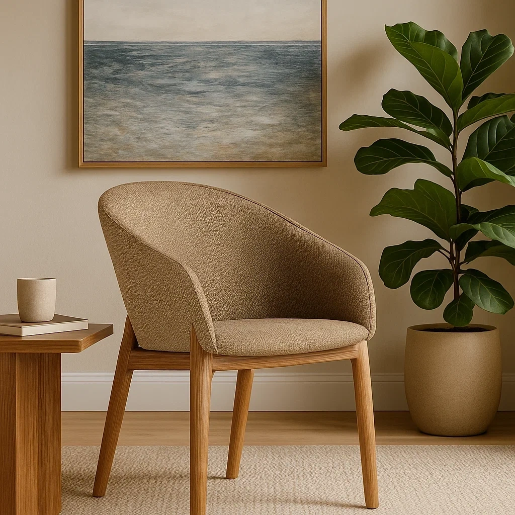 Chaise de salle à manger avec structure en bois massif et assise en tissu brun