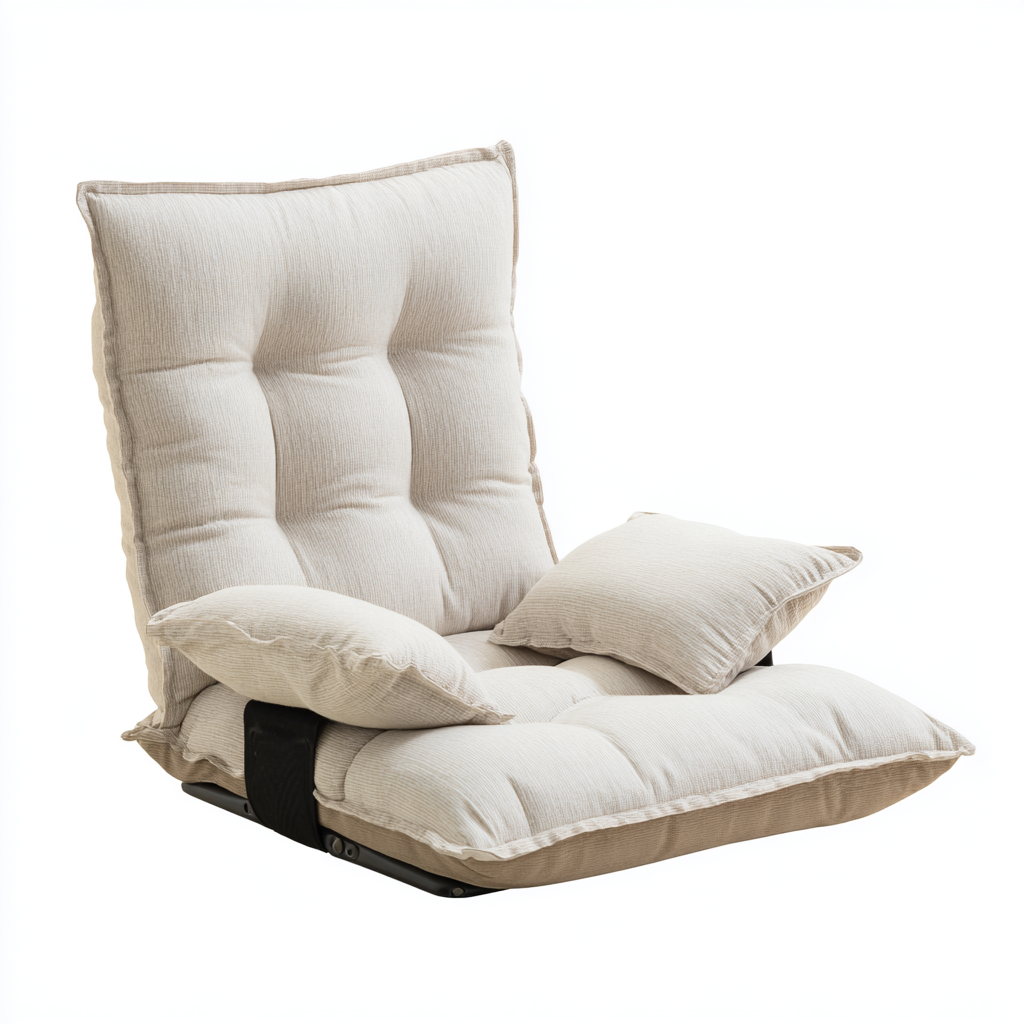 Chaise longue de sol en tissu bouclé beige avec accoudoirs en bois