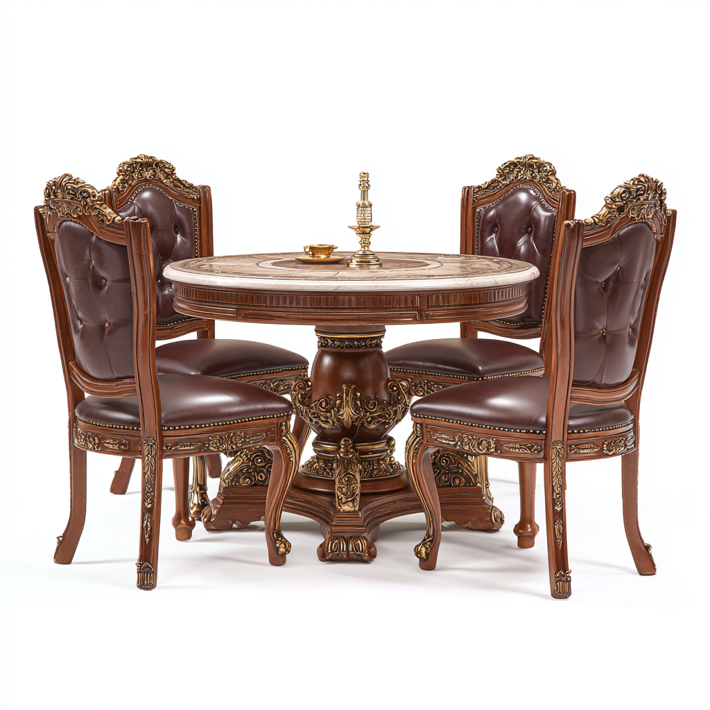 Ensemble salle à manger européen en bois sculpté avec table ronde et 4 chaises capitonnées