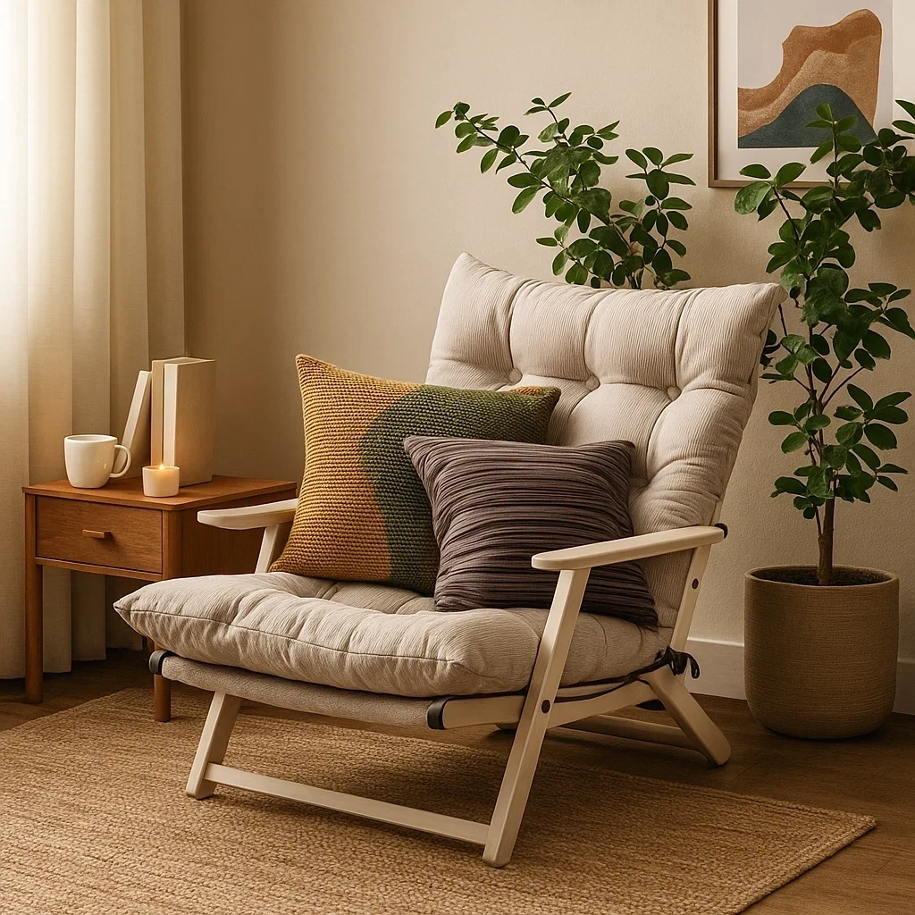 Fauteuil lounge japonais en tissu côtelé gris avec coussins décoratifs