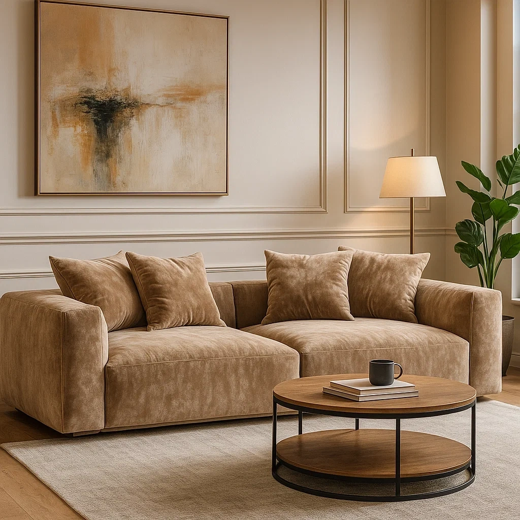 Canapé en velours luxueux avec accoudoirs profonds