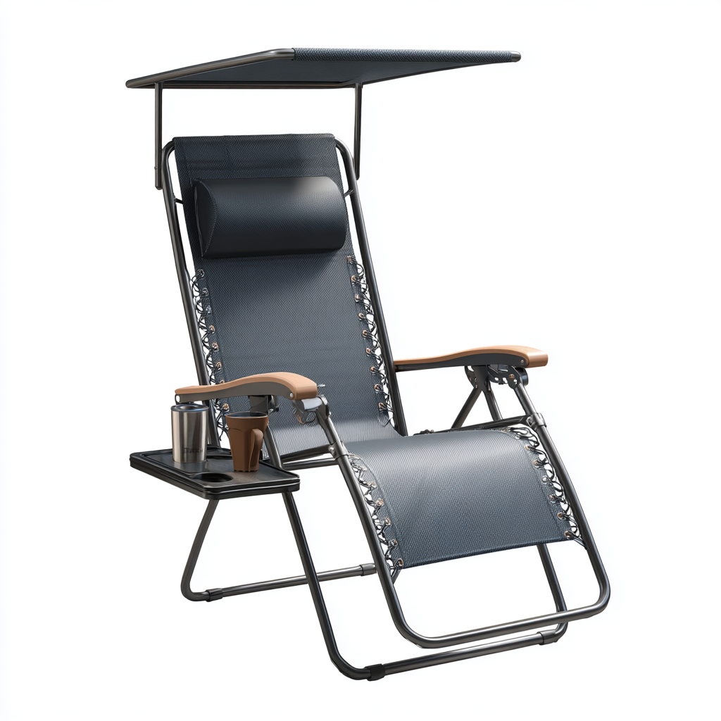 Chaise longue pliante d’extérieur avec auvent réglable et porte-gobelet intégré