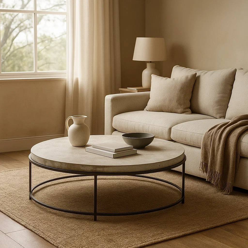 Table basse ronde avec plateau en pierre et cadre en fer