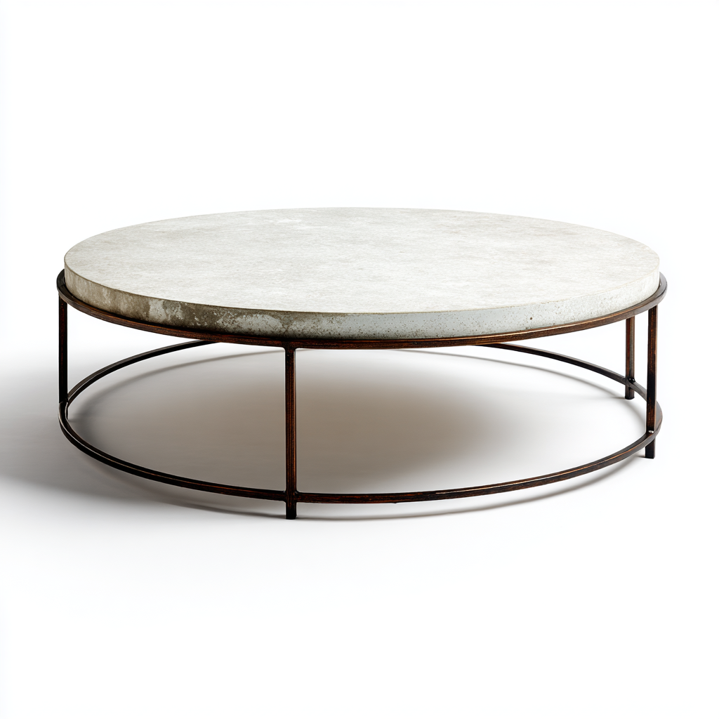 Table basse ronde avec plateau en pierre et cadre en fer