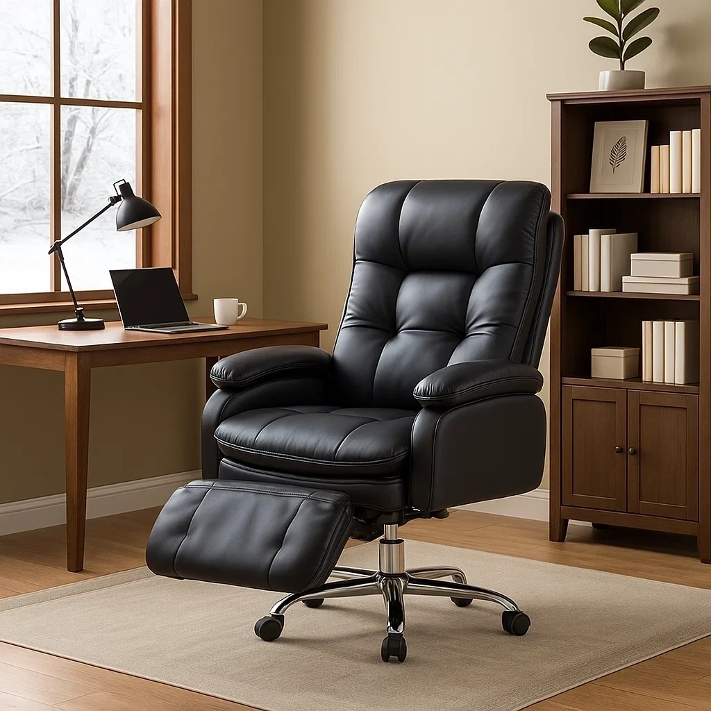 Chaise longue de bureau en cuir noir avec repose-pieds réglable