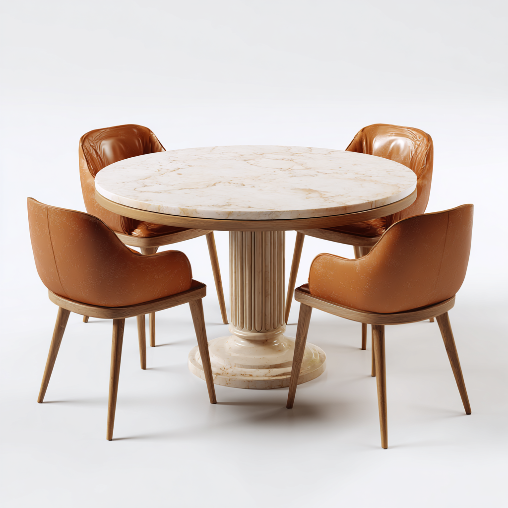 Ensemble de salle à manger rond 5 pièces avec table en marbre et 4 chaises en cuir marron