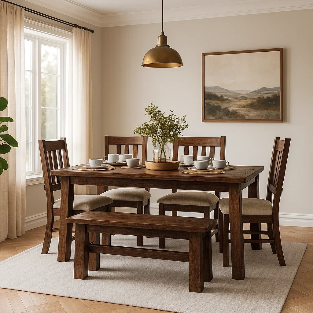 Ensemble salle à manger en bois massif avec table rectangulaire, 4 chaises et 1 banc