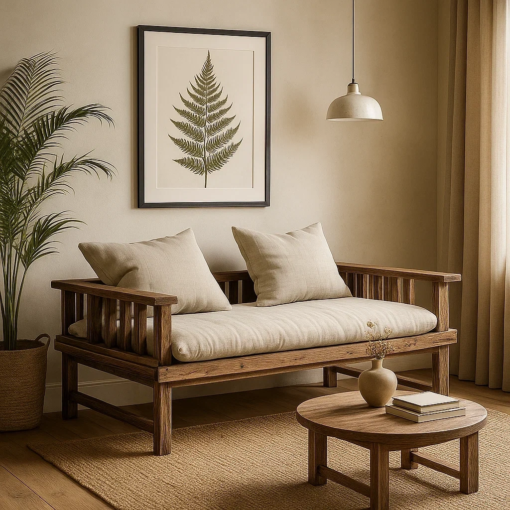 Banquette en bois avec coussins en tissu beige