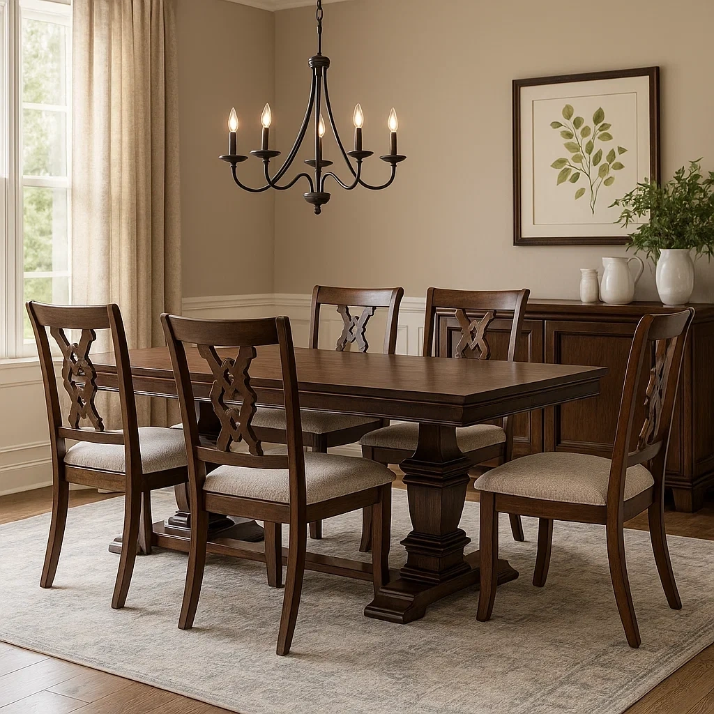 Ensemble salle à manger classique en bois massif avec table rectangulaire, 4 chaises sculptées et 1 banc rembourré