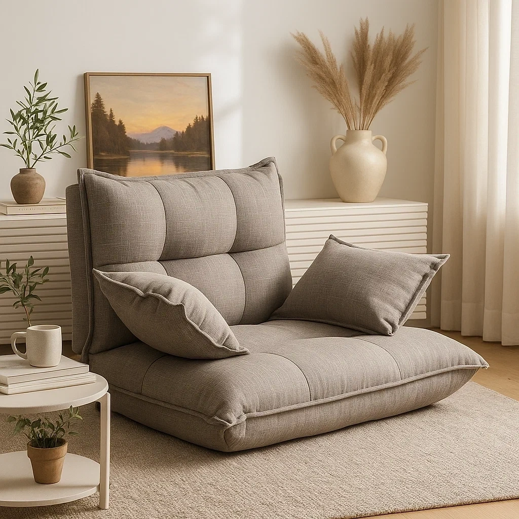 Chaise longue basse en tissu gris-brun avec coussins moelleux