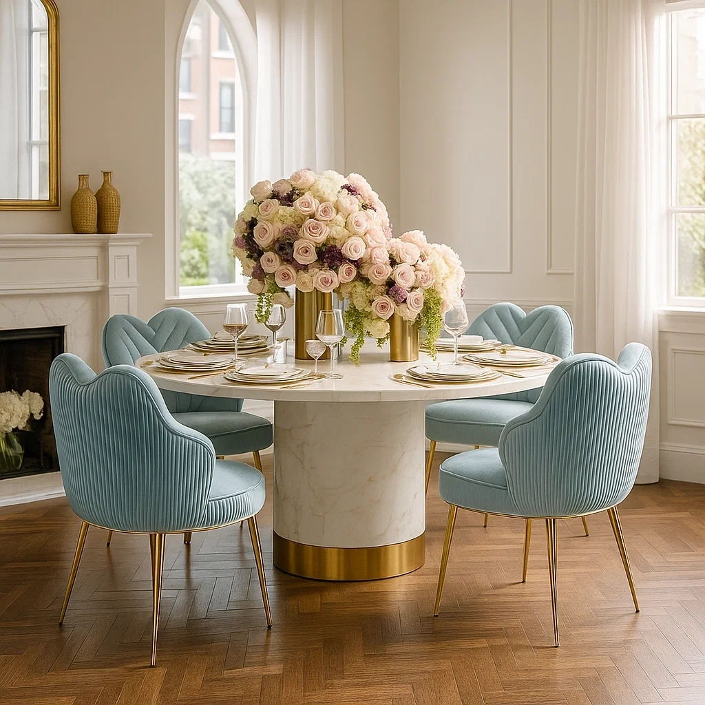 Ensemble de salle à manger ronde en marbre avec 4 chaises en velours bleu