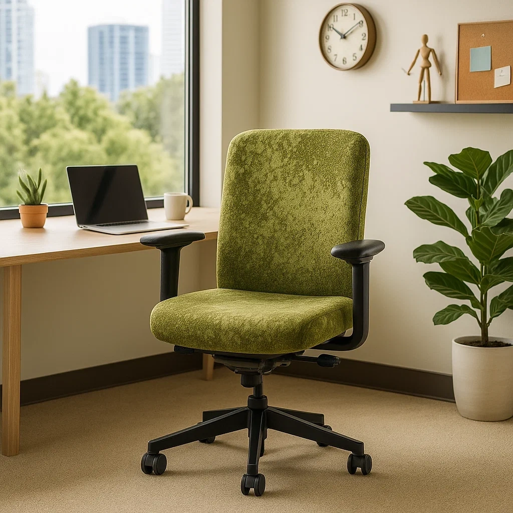 Chaise de bureau ergonomique en tissu vert avec accoudoirs réglables