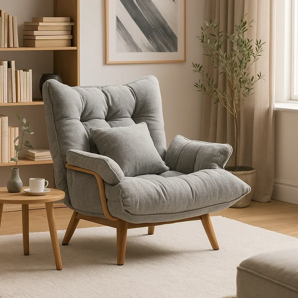 Fauteuil lounge en tissu gris avec coussin et pieds en bois massif