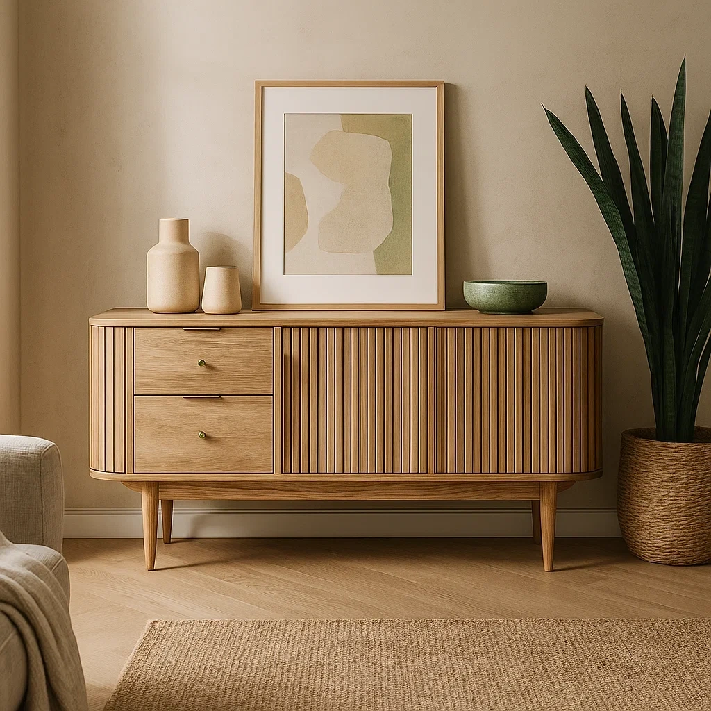 Armoire moderne en bois avec portes à lattes et tiroirs