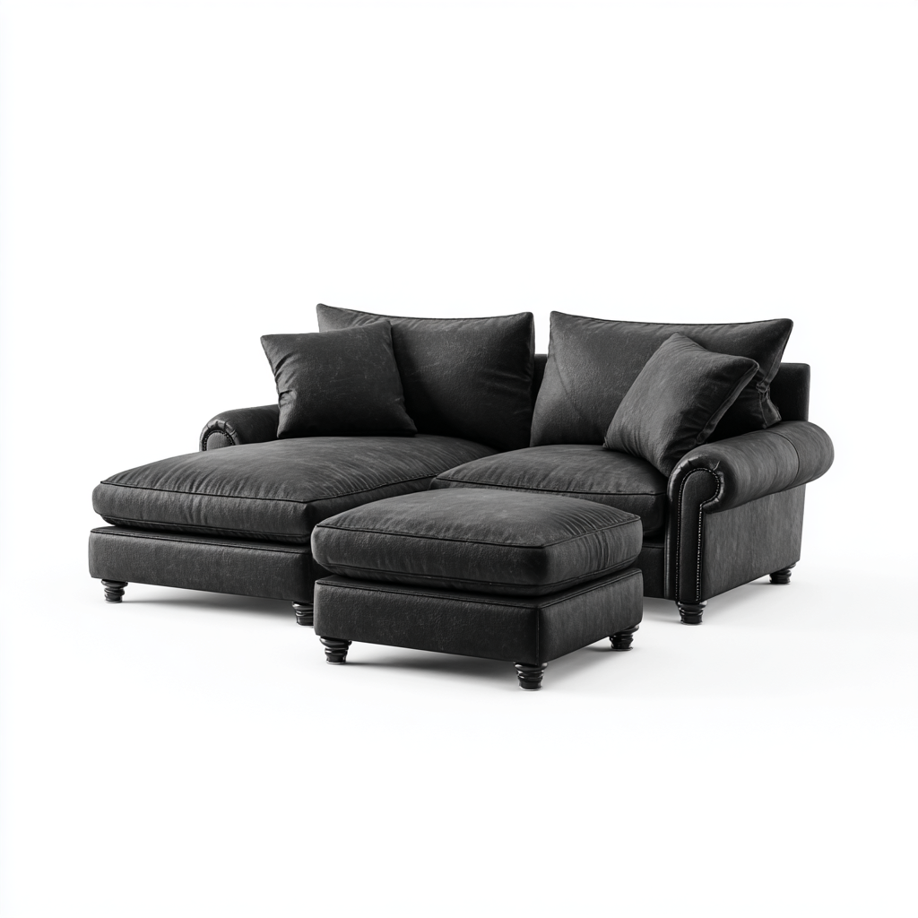 Canapé noir avec méridienne et coussins