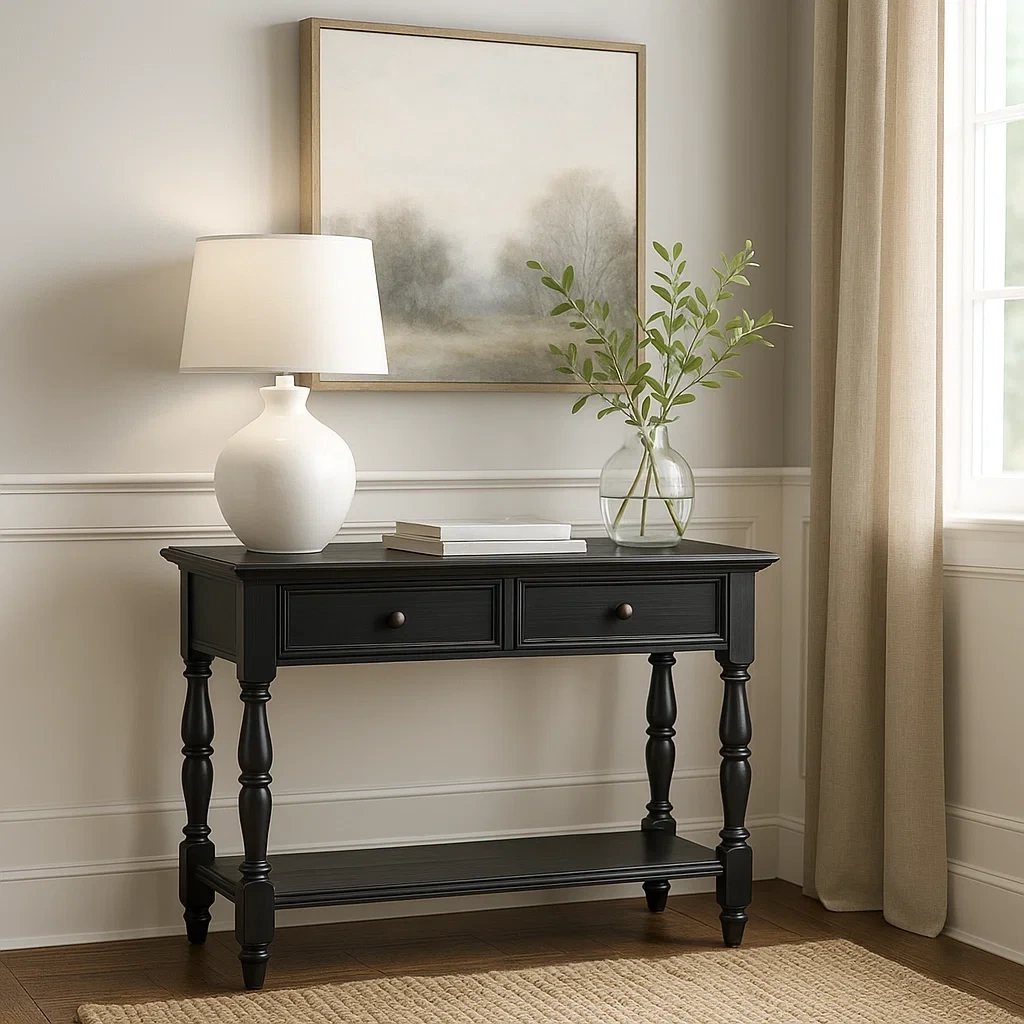 Console en bois avec tiroirs et étagère