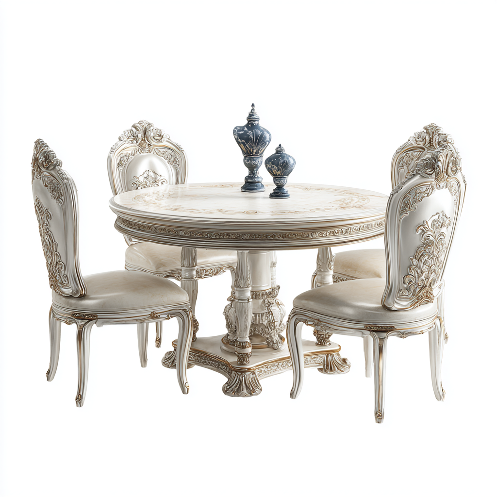 Ensemble de salle à manger ronde en bois sculpté avec 4 chaises rembourrées