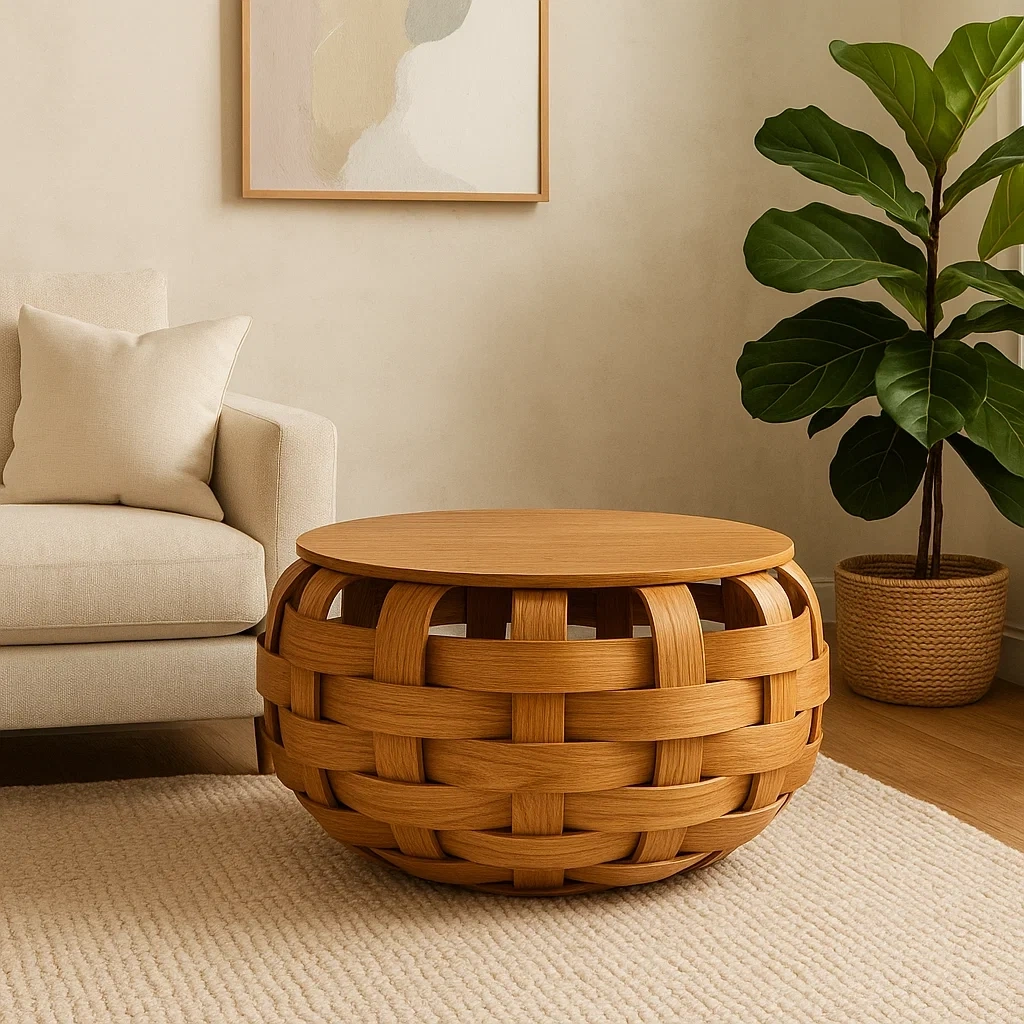 Table basse ronde en bois de chêne tressé