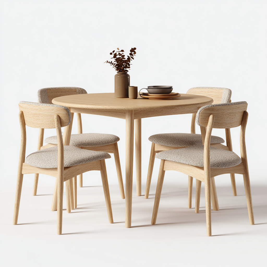 Ensemble de salle à manger rond 5 pièces en bois clair avec chaises rembourrées