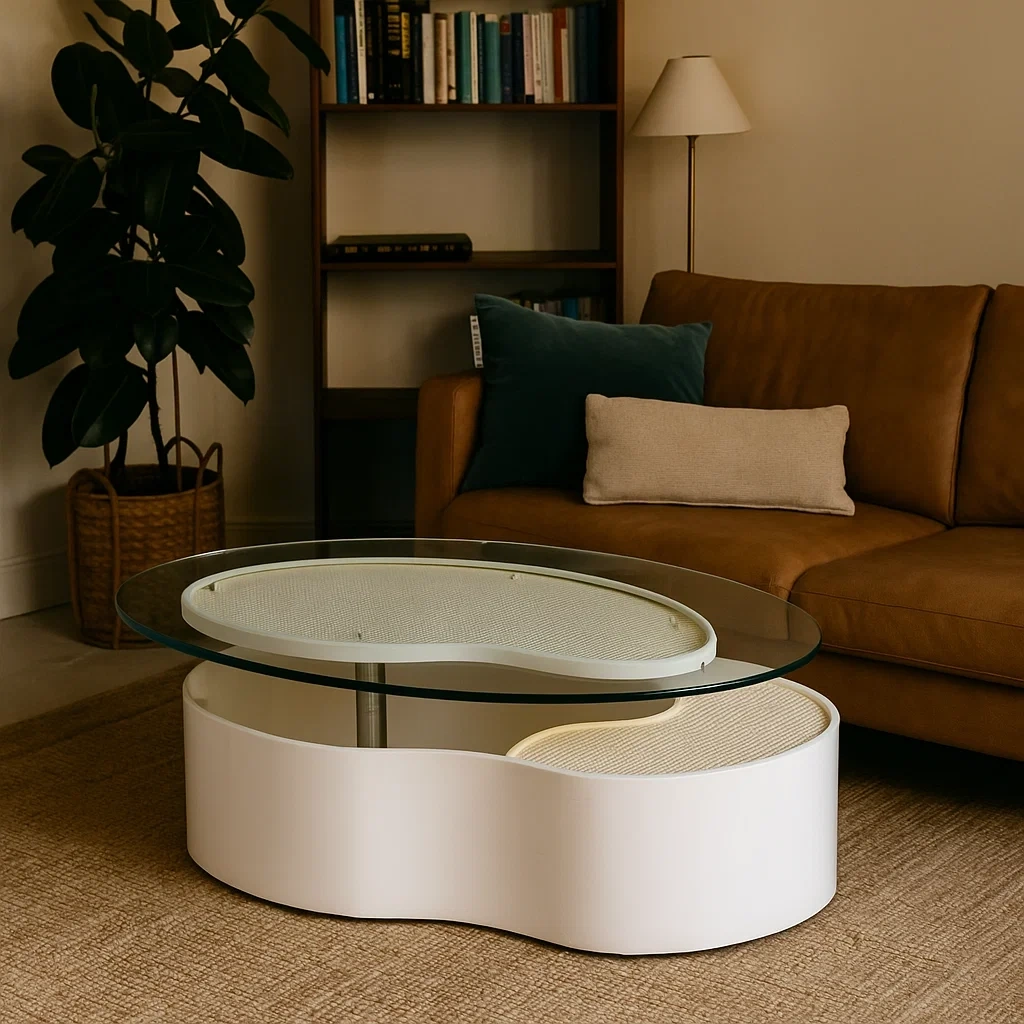 Table basse ovale en verre avec base ondulée laquée