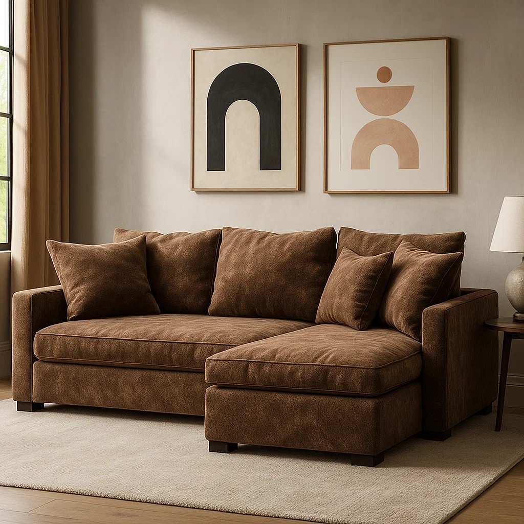 canapé en velours marron avec méridienne