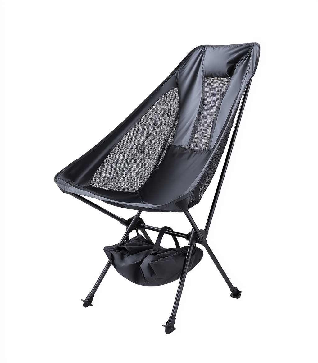 Chaise longue pliante de camping en tissu noir respirant avec sac de rangement