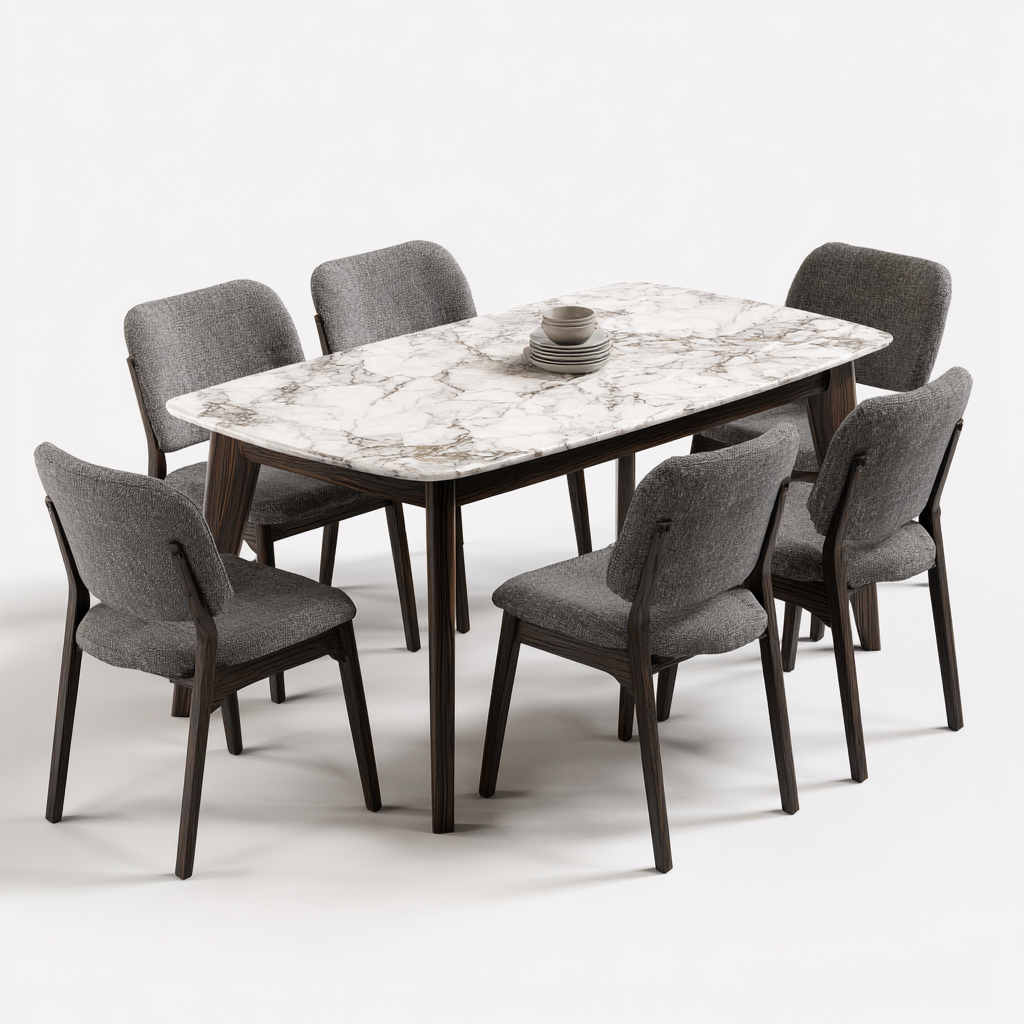 Ensemble de salle à manger 7 pièces avec table rectangulaire en marbre et 6 chaises en tissu gris