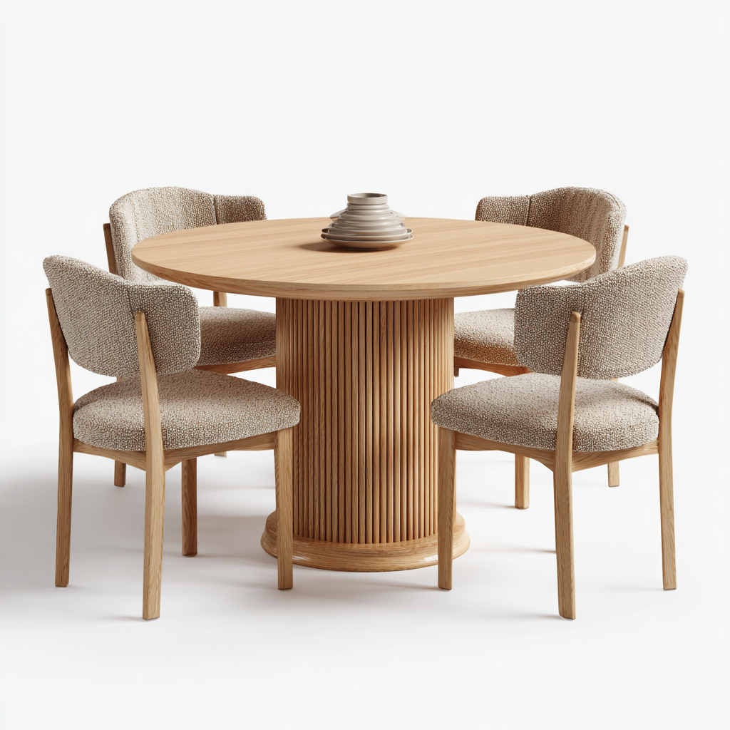 Ensemble table à manger ronde en bois avec 4 chaises rembourrées