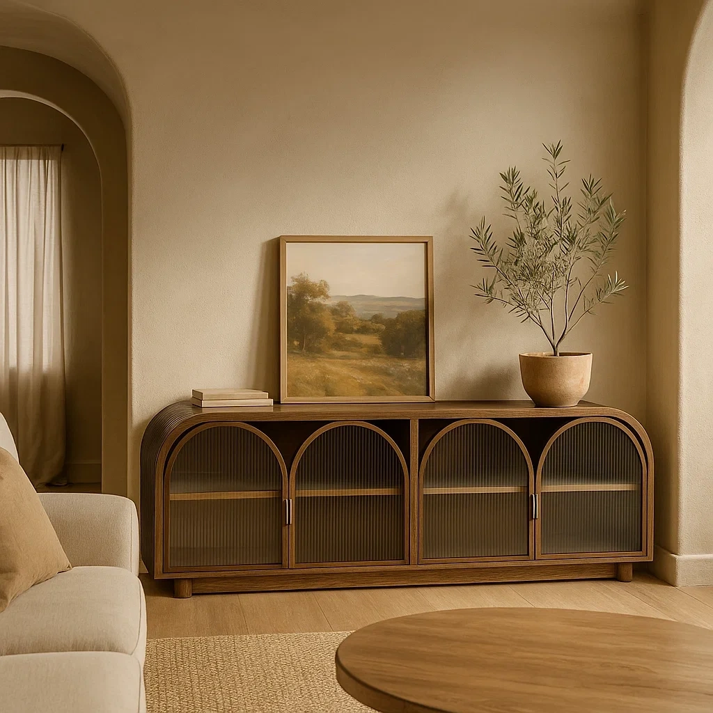 Buffet bas long avec portes en verre arquées