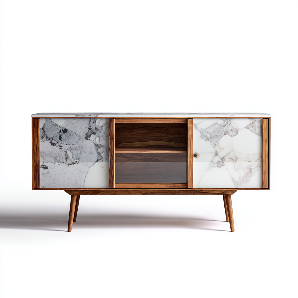 Buffet moderne en bois avec portes en marbre et étagères intérieures