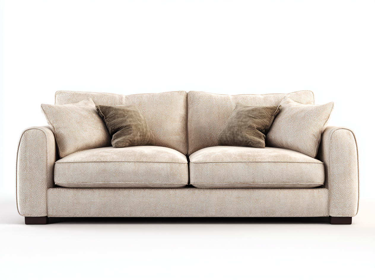 Canapé en tissu beige à trois places avec coussins