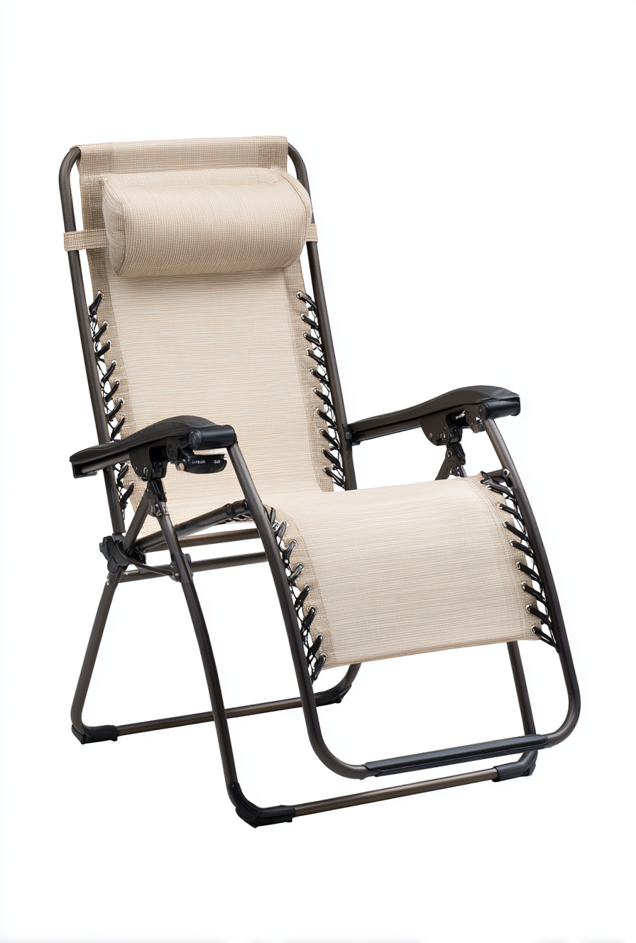 Chaise longue zéro gravité pliable en tissu beige avec appui-tête réglable