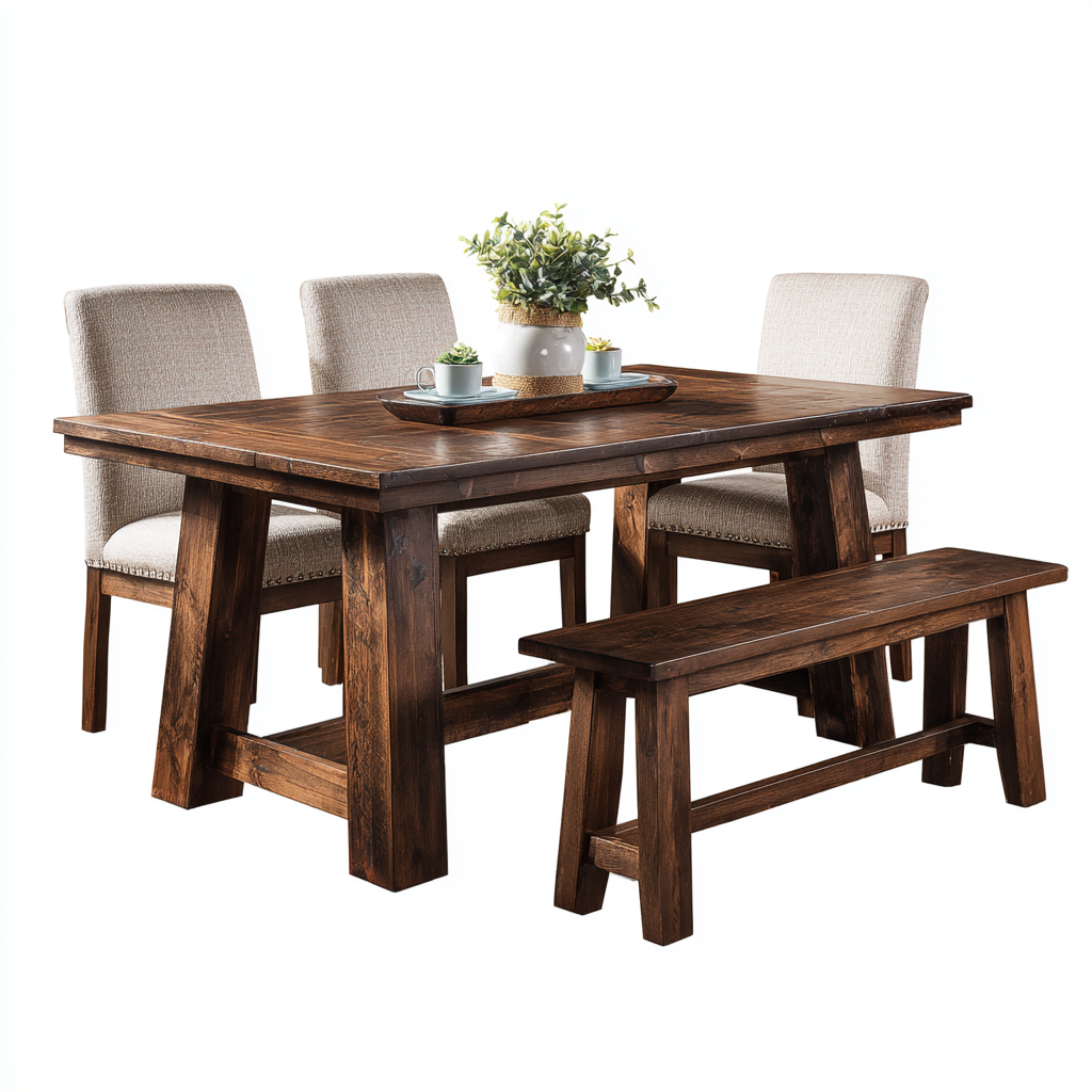 Ensemble salle à manger rustique avec table rectangulaire, 3 chaises et 1 banc en bois