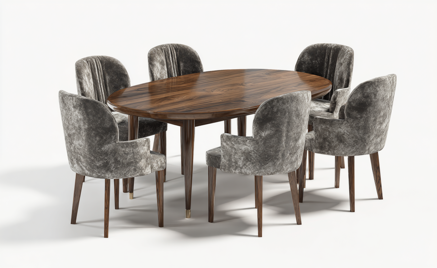 Ensemble de salle à manger ovale 7 pièces en bois avec chaises rembourrées en velours gris
