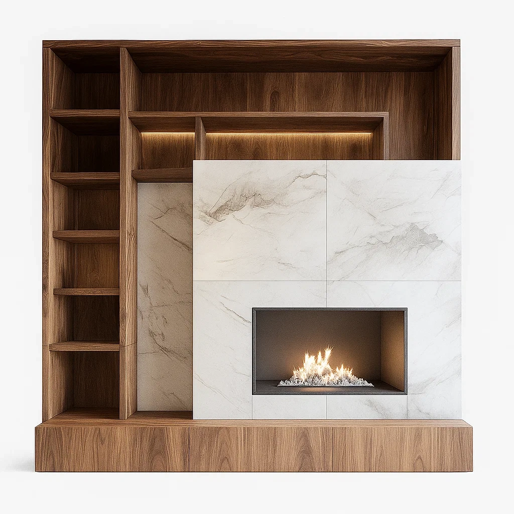 Cheminée moderne avec bibliothèque murale en noyer et marbre