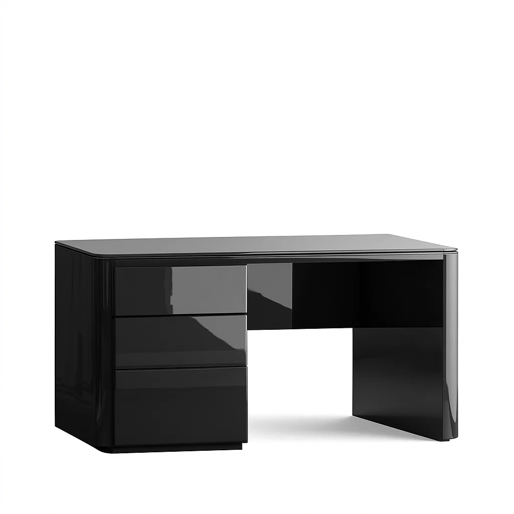 Bureau de bureau moderne en verre noir avec tiroirs latéraux