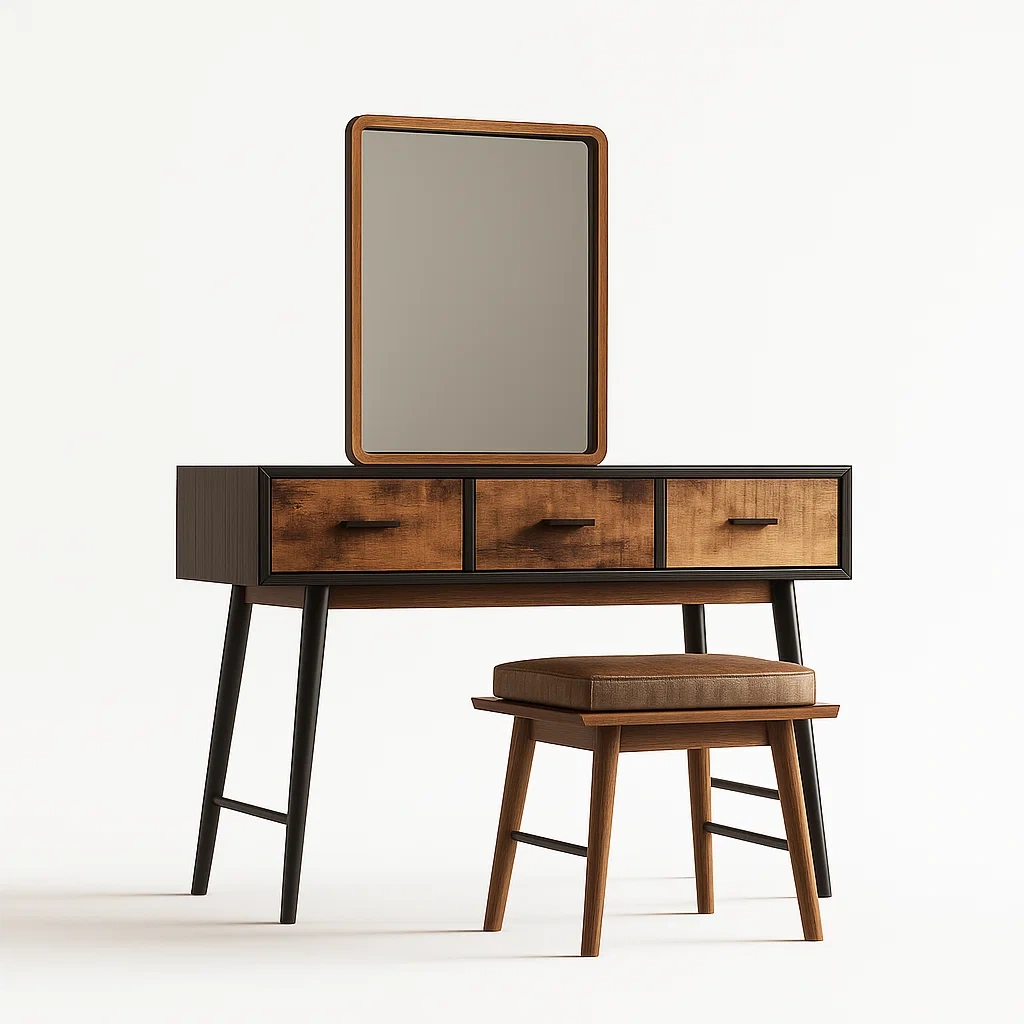 Bureau coiffeuse en bois avec miroir et tabouret rembourré