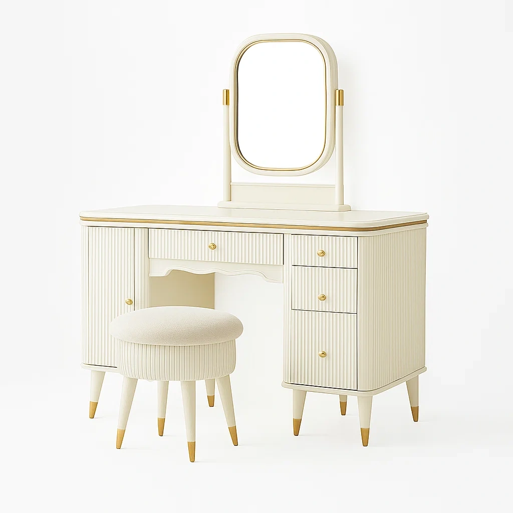 Bureau-coiffeuse élégante blanche avec miroir et tabouret