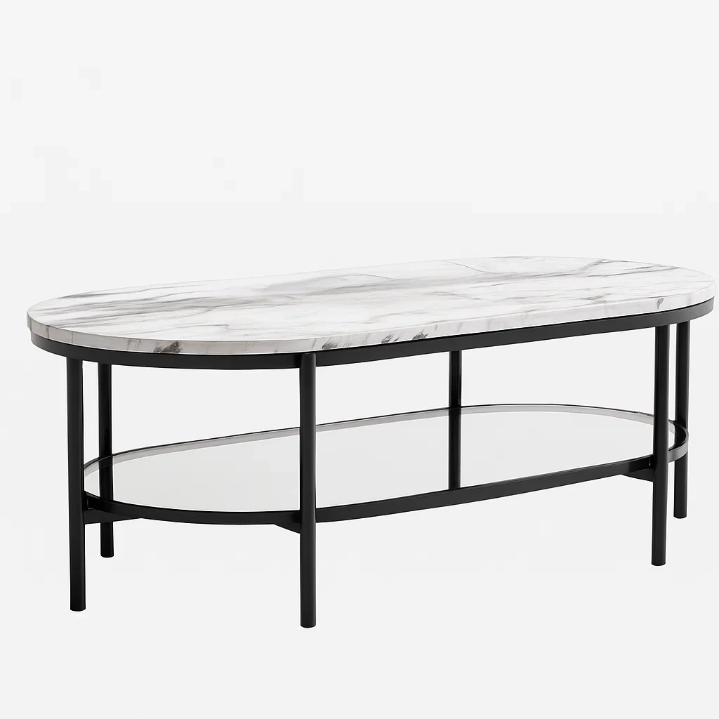 Table basse ovale en marbre blanc avec structure métallique noire